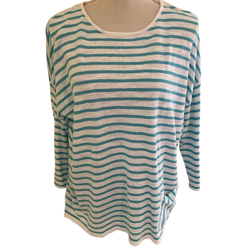 J. Jill White with Aqua Stripes Cotton/Linen Scoop Neck Sweater M